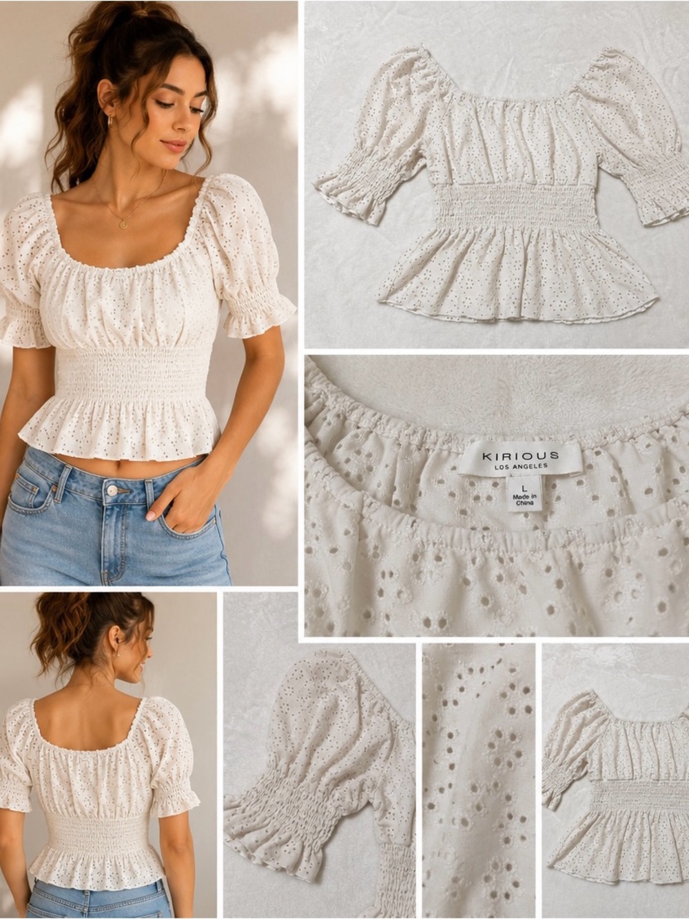 Kirious Los Angeles Women’s White Eyelet Peplum Blouse Puff Sleeve Size L